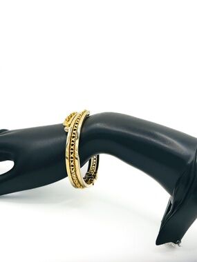 Vintage Gold Tone Hinged Clamper Bangle – 3D Geometric Architectural Bracelet